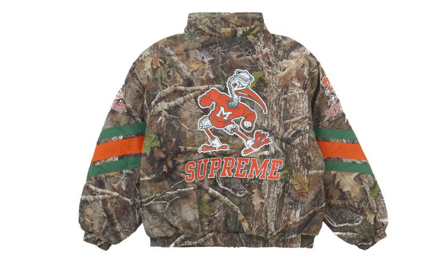 Supreme Mitchell &amp; Ness NCAA Hooded Stadium Jacket Woodland Camo