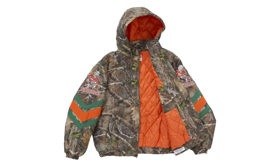 Supreme Mitchell &amp; Ness NCAA Hooded Stadium Jacket Woodland Camo